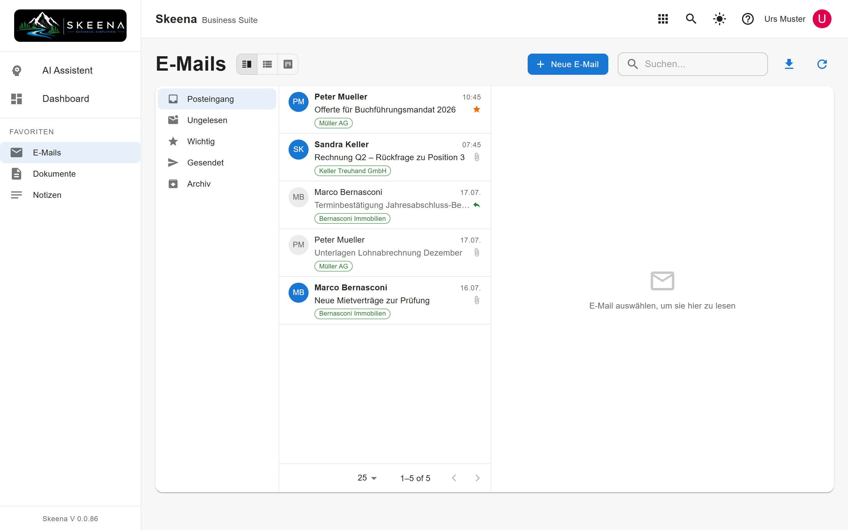 E-Mail-Client mit drei Spalten